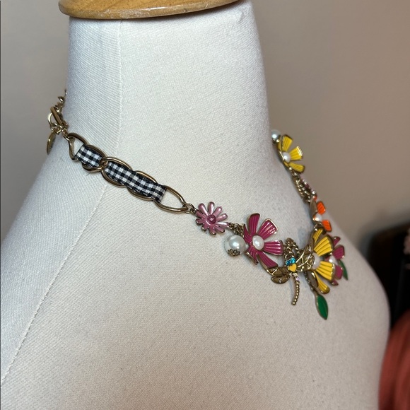 Betsey Johnson RARE Flower Garden Enamel and Rhinestone Gingham Ribbon necklace - Picture 4 of 11